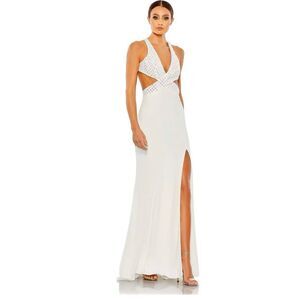 Mac Duggal Womens 2 Floral Sequined Bodice Gown Criss Cross Cut Outs White NWT